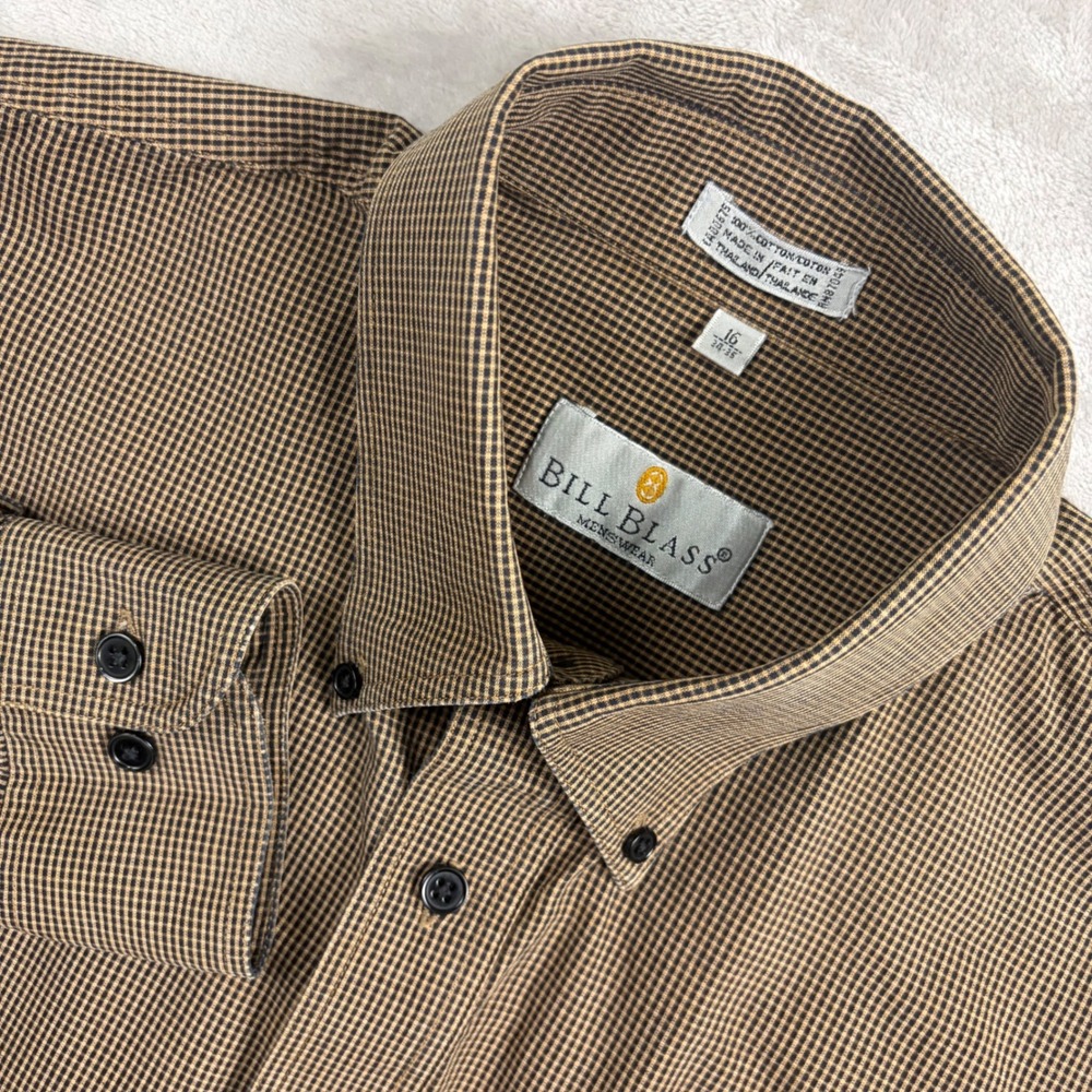 VTG Bill Blass Brown Black Micro Check Cotton Button Down Shirt Men's 16 34-35